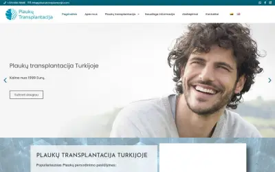 “Plaukų transplantacija” website – home page on a desktop screen