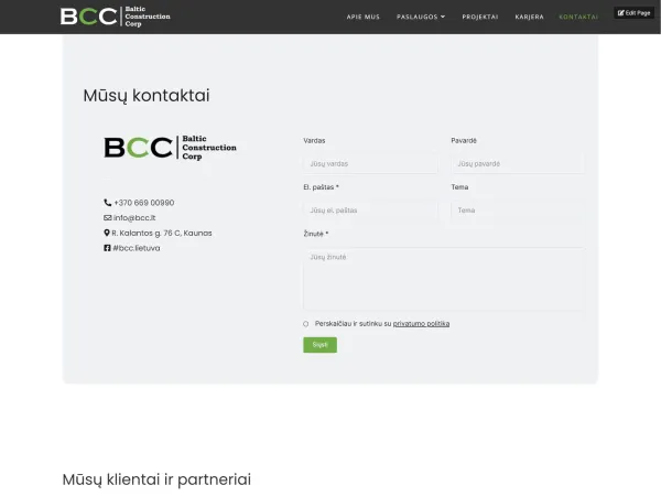 „Baltic Construction Corp“ svetainė – kontaktų puslapis