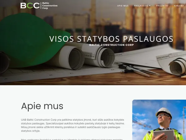 „Baltic Construction Corp“ svetainė – pagrindinis puslapis kompiuterio ekrane