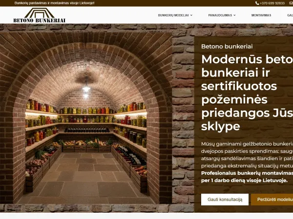 „Betono bunkeriai“ svetainė – pagrindinis puslapis kompiuterio ekrane
