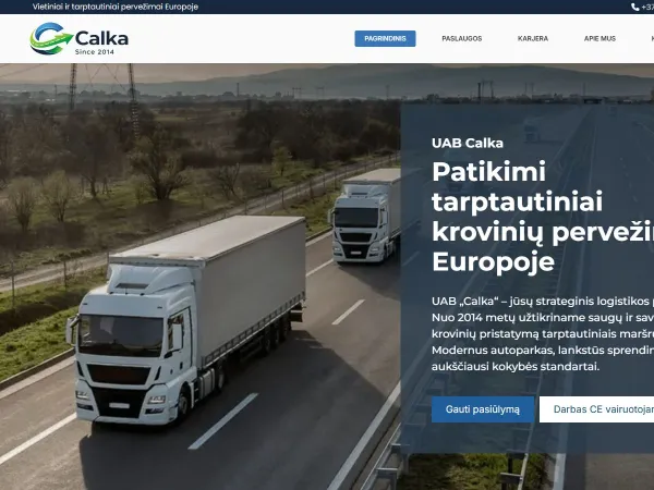 „UAB Calka“ svetainė – pagrindinis puslapis kompiuterio ekrane