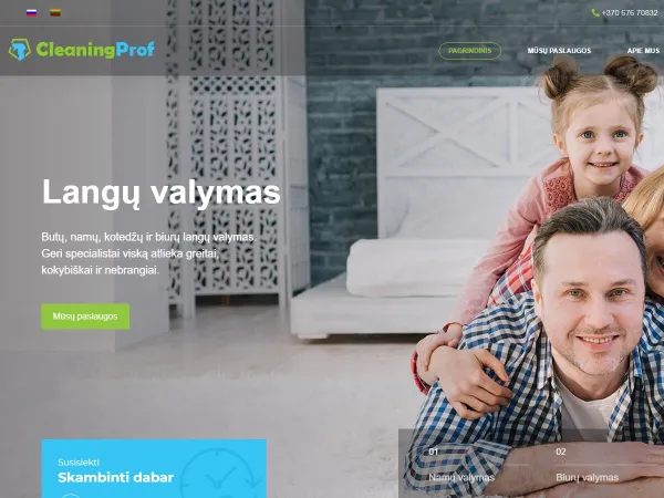 „CleaningProf“ svetainė – pagrindinis puslapis kompiuterio ekrane