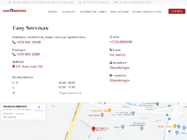 „Easy Servisas“ svetainė – kontaktų puslapis