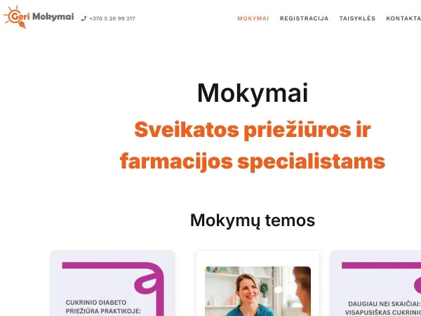 „Geri Mokymai“ svetainė – pagrindinis puslapis kompiuterio ekrane