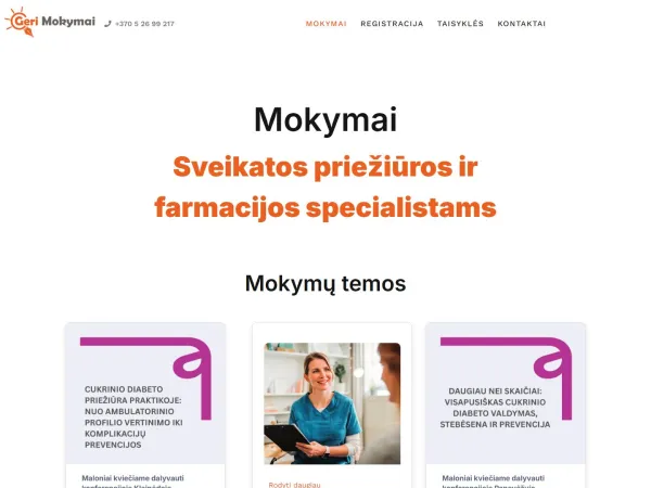 „Geri Mokymai“ svetainė – visas pagrindinis puslapis