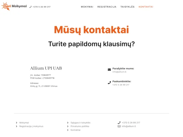 „Geri Mokymai“ svetainė – kontaktų puslapis
