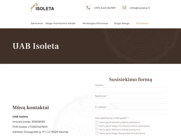 „Isoleta“ svetainė – kontaktų puslapis