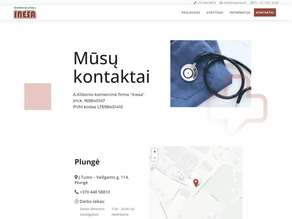 „Šeimos klinika INESA“ svetainė – kontaktų puslapis