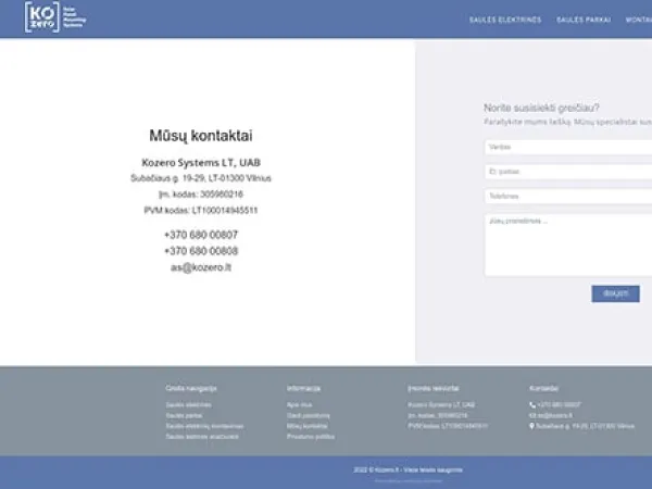 „Kozero Systems“ svetainė – kontaktų puslapis
