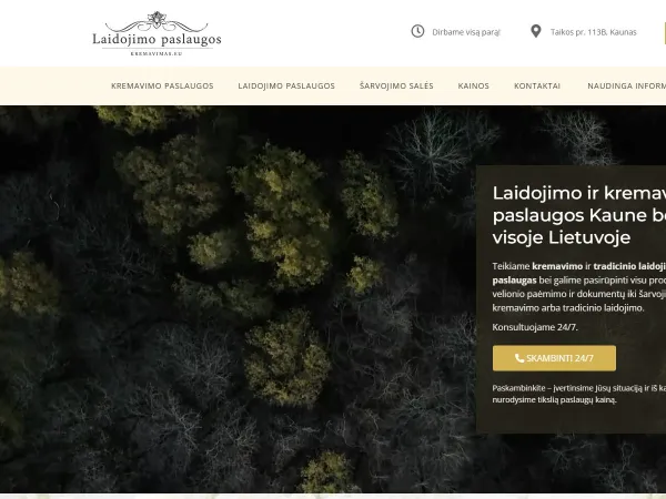 „Kremavimas.eu“ svetainė – pagrindinis puslapis kompiuterio ekrane