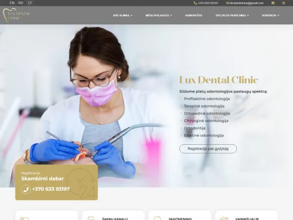 „Lux Dental Clinic“ svetainė – visas pagrindinis puslapis