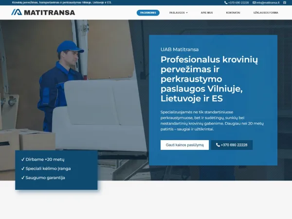 „UAB Matitransa“ svetainė – visas pagrindinis puslapis