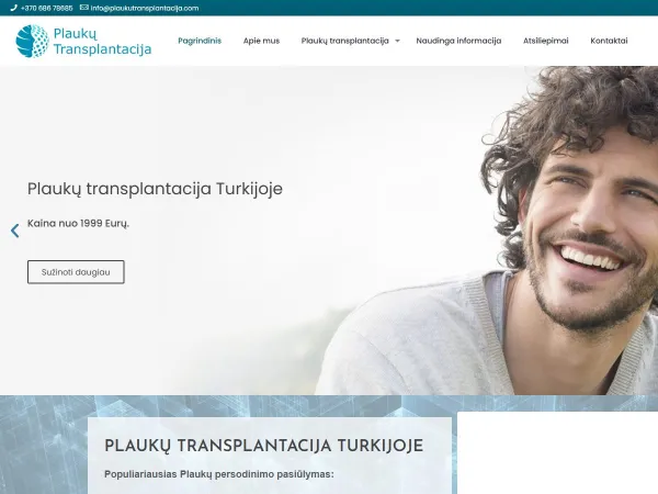 „Plaukų transplantacija“ svetainė – pagrindinis puslapis kompiuterio ekrane