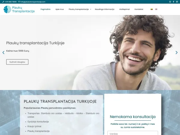 „Plaukų transplantacija“ svetainė – visas pagrindinis puslapis