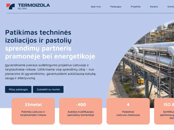 „Termoizola“ svetainė – pagrindinis puslapis kompiuterio ekrane