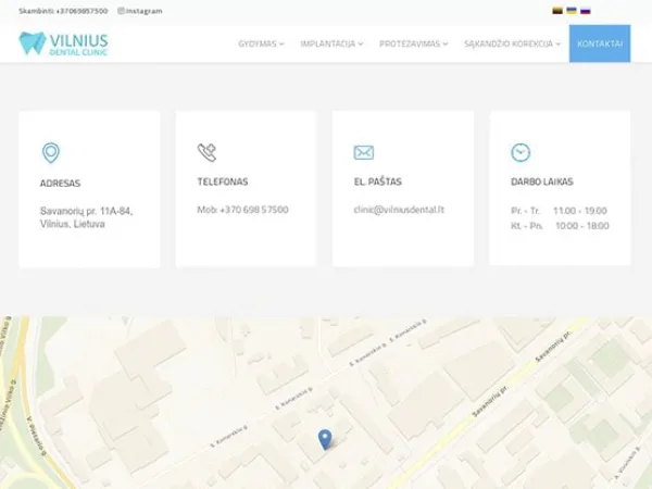 „Vilnius Dental Clinic“ svetainė – kontaktų puslapis