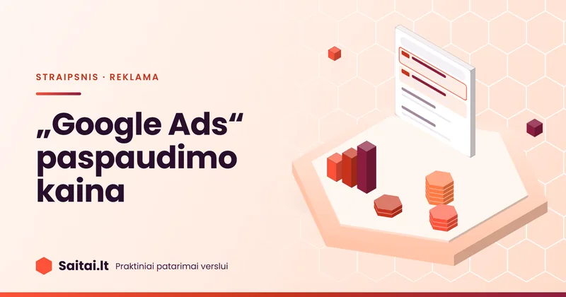 Izometrinė iliustracija: paieškos rezultatai su pažymėtais reklamos skelbimais, šešiakampių monetų stulpeliai ir stulpelinė diagrama; užrašas „„Google Ads“ paspaudimo kaina“