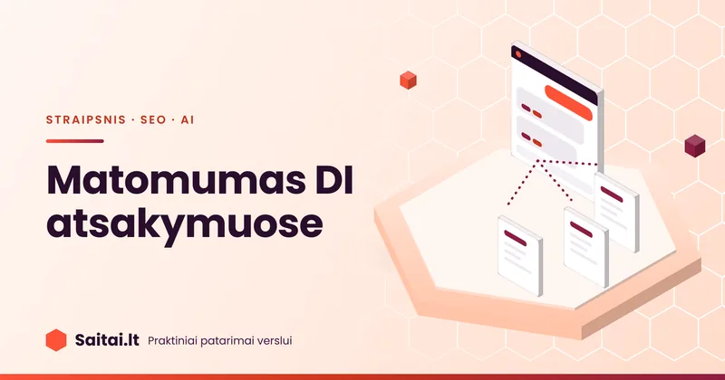 Izometrinė iliustracija: pokalbio su DI langas ir trys cituojami svetainių puslapiai, sujungti punktyrinėmis linijomis; užrašas „Matomumas DI atsakymuose“