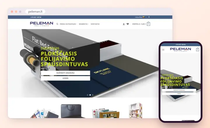 „Peleman“ WooCommerce el. parduotuvė kompiuterio ir telefono ekrane