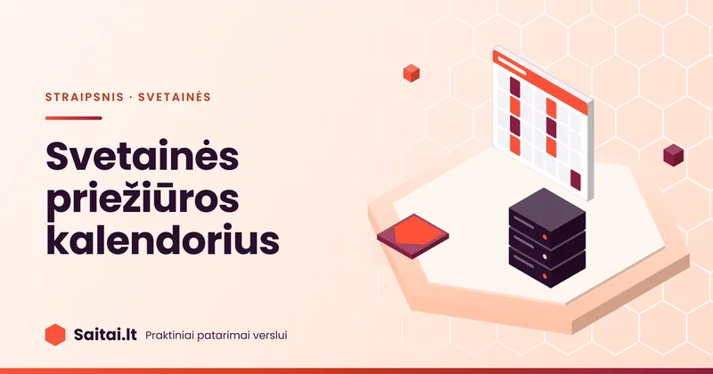 Izometrinė iliustracija: kalendorius su pažymėtomis priežiūros dienomis, serverio blokų stulpelis ir skydas; užrašas „Svetainės priežiūros kalendorius“