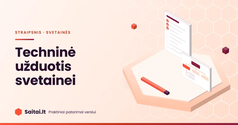 Izometrinė iliustracija: techninės užduoties lapas su kontroliniu sąrašu, svetainės puslapių medis ir pieštukas; užrašas „Techninė užduotis svetainei“