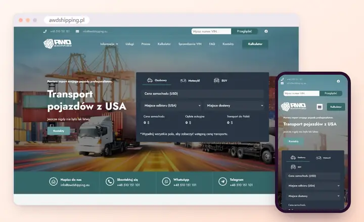 „AWDshipping“ svetainė su WordPress kompiuterio ir telefono ekrane