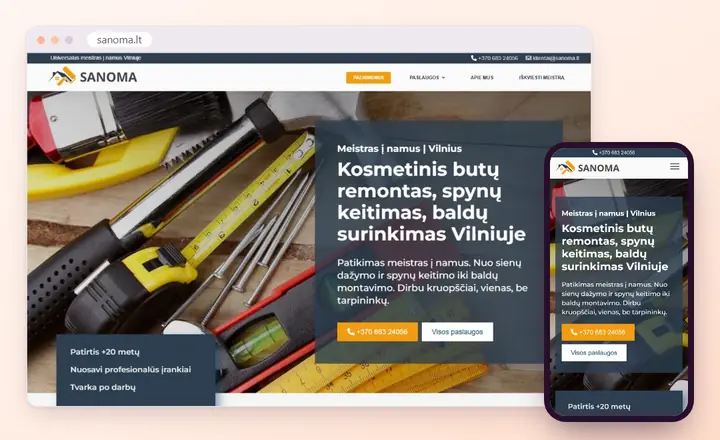 „Sanoma“ svetainė su Joomla kompiuterio ir telefono ekrane