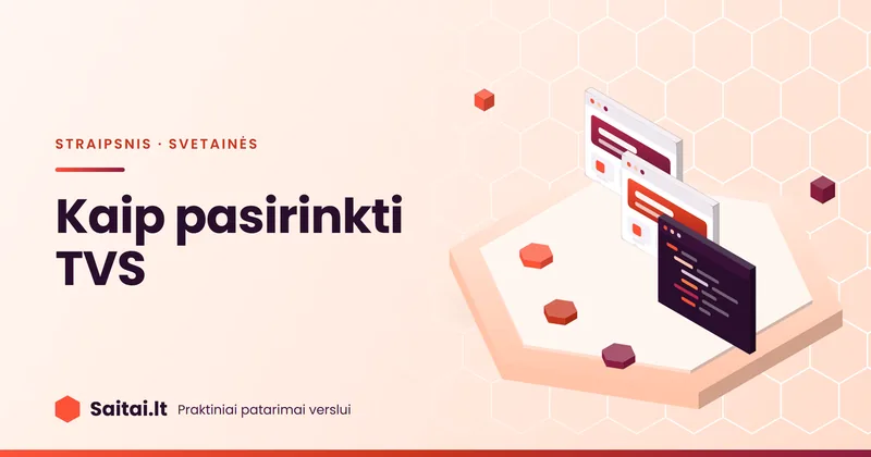 Izometrinė iliustracija: trys svetainių langai – du skirtingi turinio valdymo sistemų šablonai ir programos kodas, priekyje trys pasirinkimo šešiakampiai; užrašas „Kaip pasirinkti TVS“