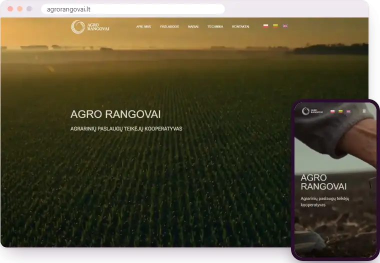 „Agro rangovai“ svetainė kompiuterio ir telefono ekranuose