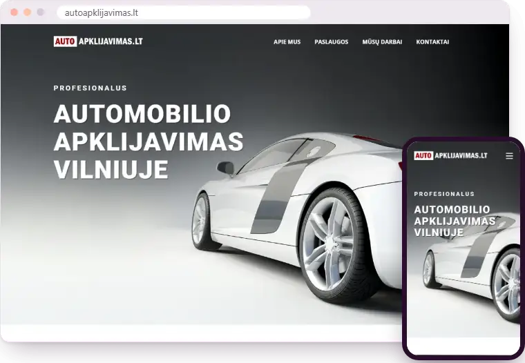 „Autoapklijavimas.lt“ svetainė kompiuterio ir telefono ekranuose