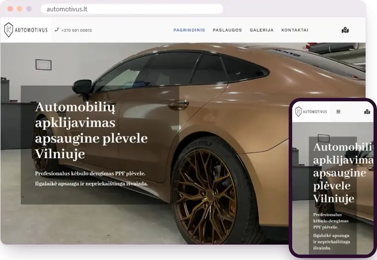 „Automotivus“ svetainė kompiuterio ir telefono ekranuose