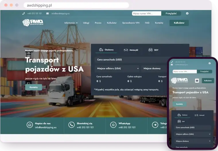 „AWDshipping“ svetainė kompiuterio ir telefono ekranuose