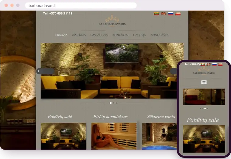 „Barbora Dream SPA“ svetainė kompiuterio ir telefono ekranuose