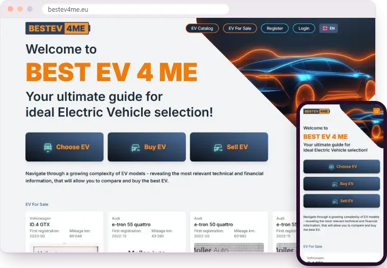„BestEV4me“ svetainė kompiuterio ir telefono ekranuose