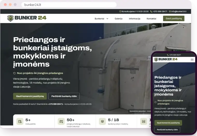 „Bunker24“ svetainė kompiuterio ir telefono ekranuose