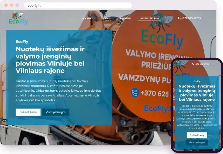 „EcoFly“ svetainė kompiuterio ir telefono ekranuose