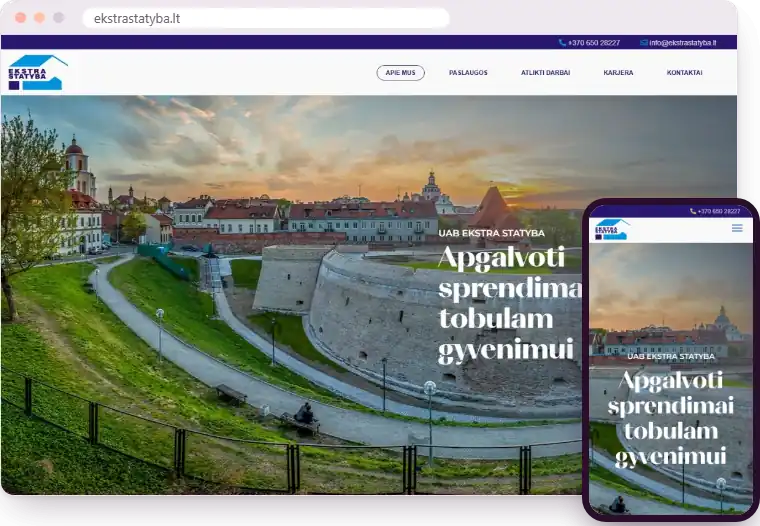 „UAB Ekstra statyba“ svetainė kompiuterio ir telefono ekranuose