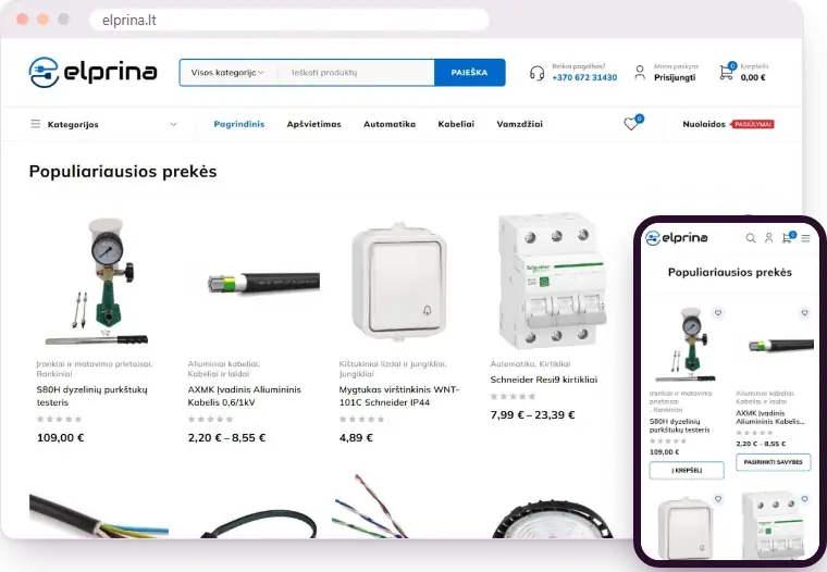„Elprina“ el. parduotuvė kompiuterio ir telefono ekranuose