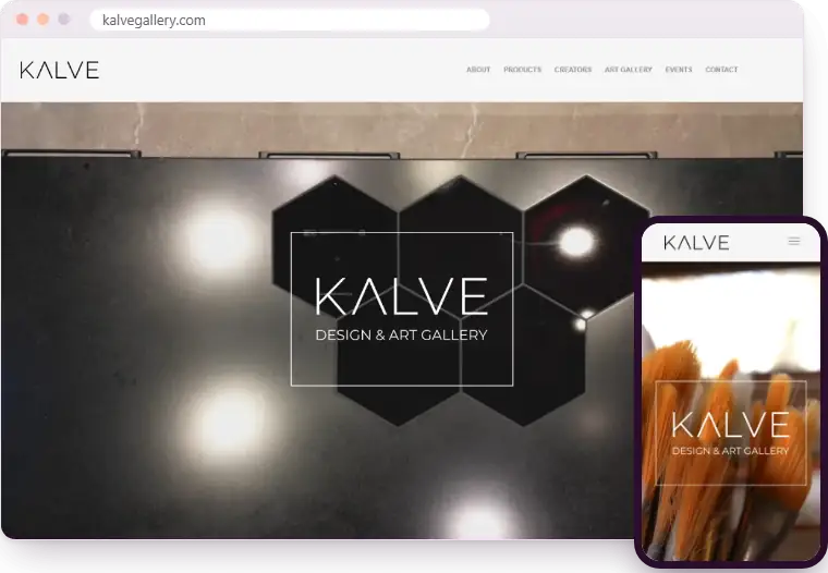 „KALVE Design & Art Gallery“ svetainė kompiuterio ir telefono ekranuose
