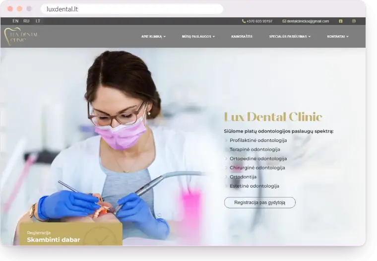 „Lux Dental Clinic“ svetainė kompiuterio ir telefono ekranuose