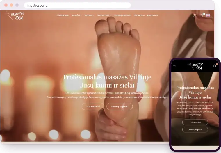„Mystic SPA“ el. parduotuvė kompiuterio ir telefono ekranuose