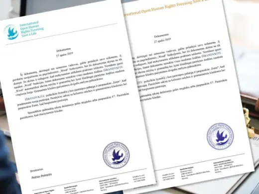 Dokumentų blankų dizainas tarptautinei žmogaus teisių organizacijai „Save a Life“