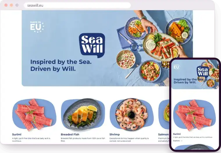„SeaWill“ svetainė kompiuterio ir telefono ekranuose