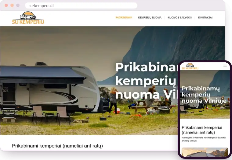 „Su kemperiu“ svetainė kompiuterio ir telefono ekranuose