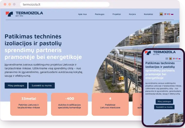 „Termoizola“ svetainė kompiuterio ir telefono ekranuose
